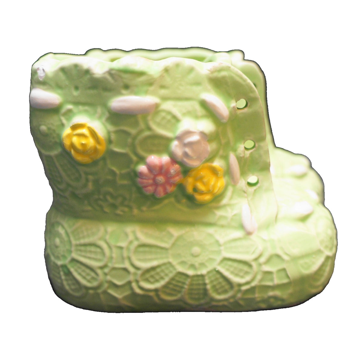 Green Lace Embossed Flowers Baby Bootie Planter Pot Japan