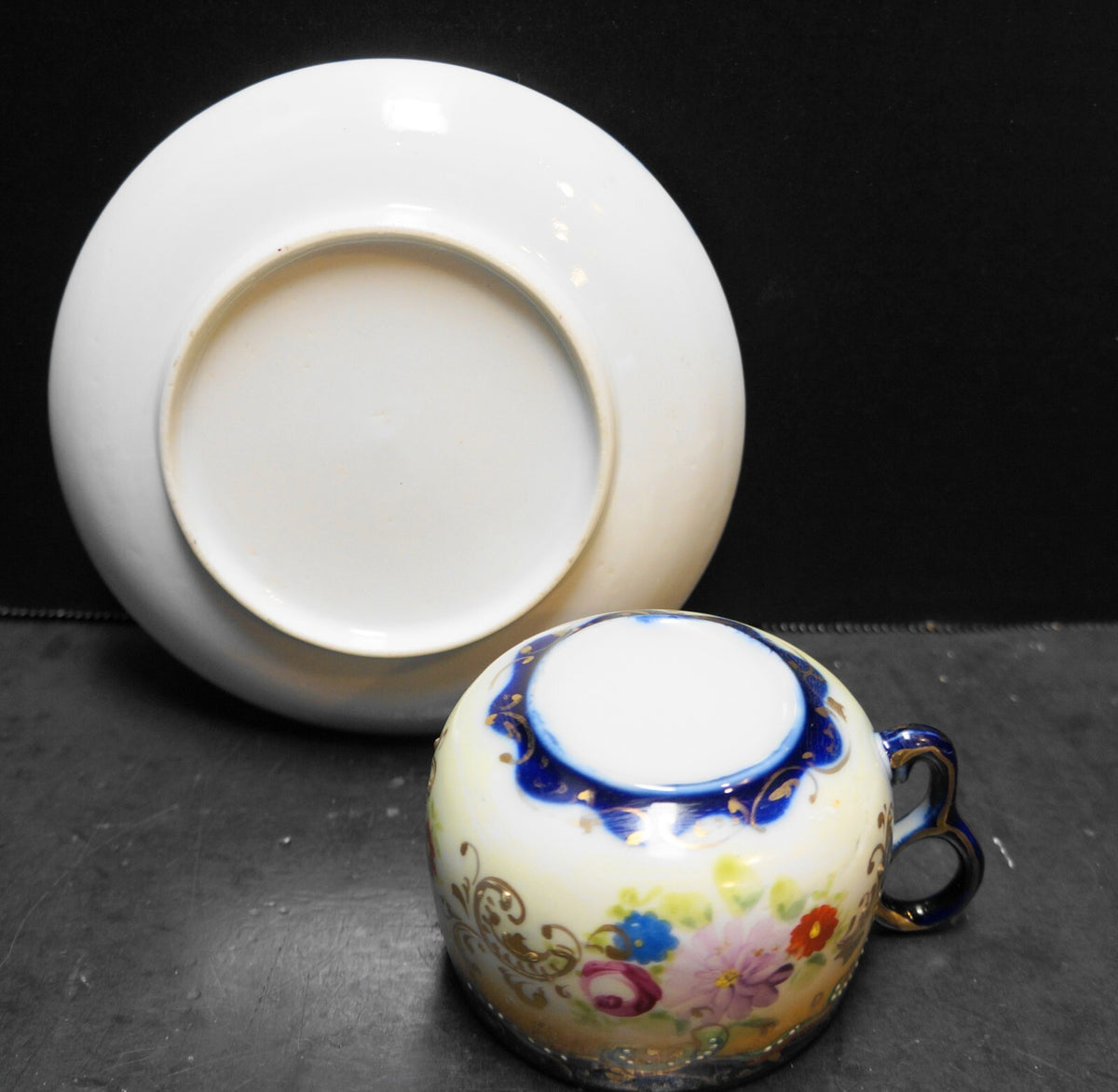 Cobalt Blue Trim Hand Painted Roses Cup Saucer Translucent Porcelain