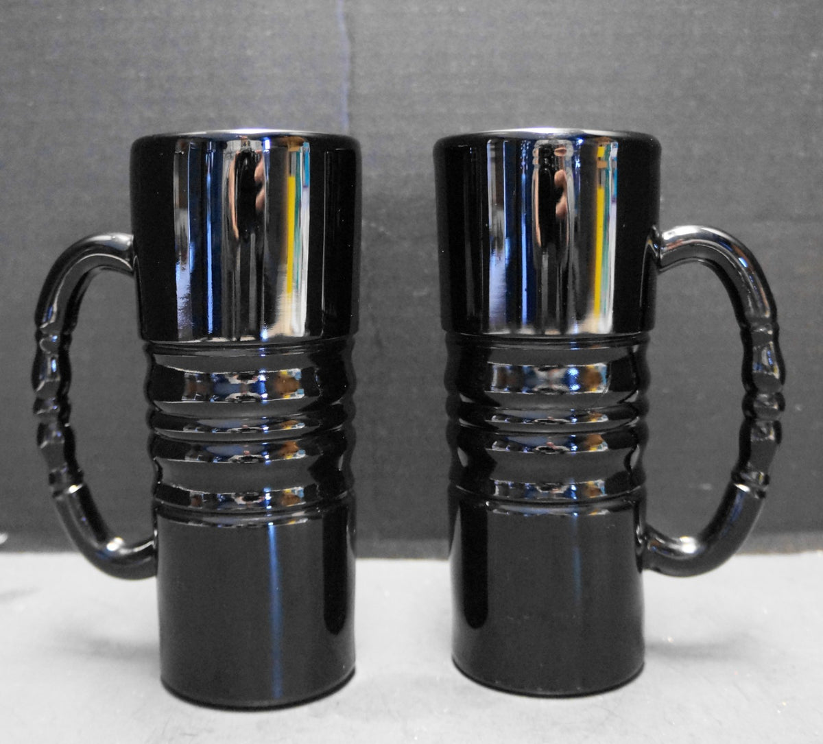 Tiara Exclusives Black Glass Ribbed Tall Mugs Steins Pair Indiana Glass