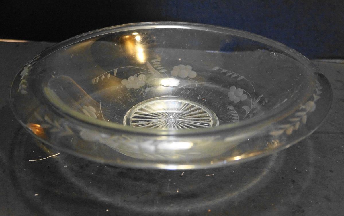 Clear Rolled Rim Gray Floral Cut Depression Glass Serving Bowl