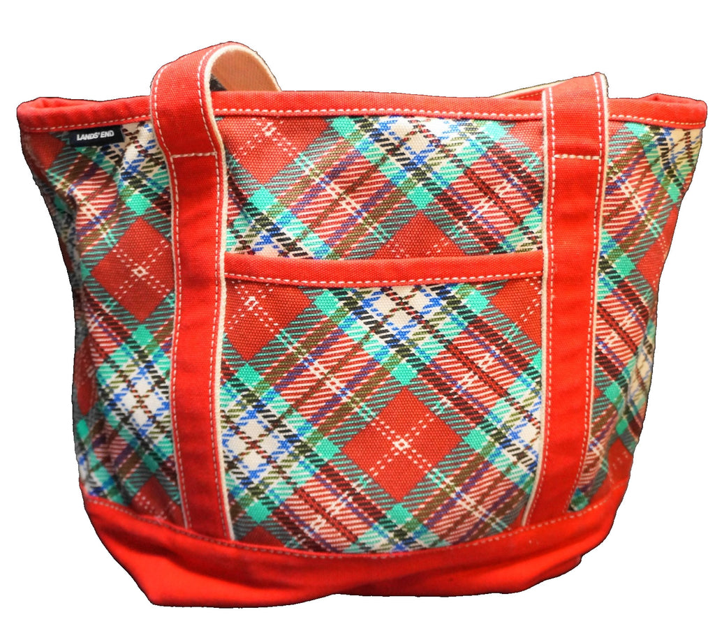 Land's End 5 Pocket Medium Canvas Tote Red Green Plaid Zip Top