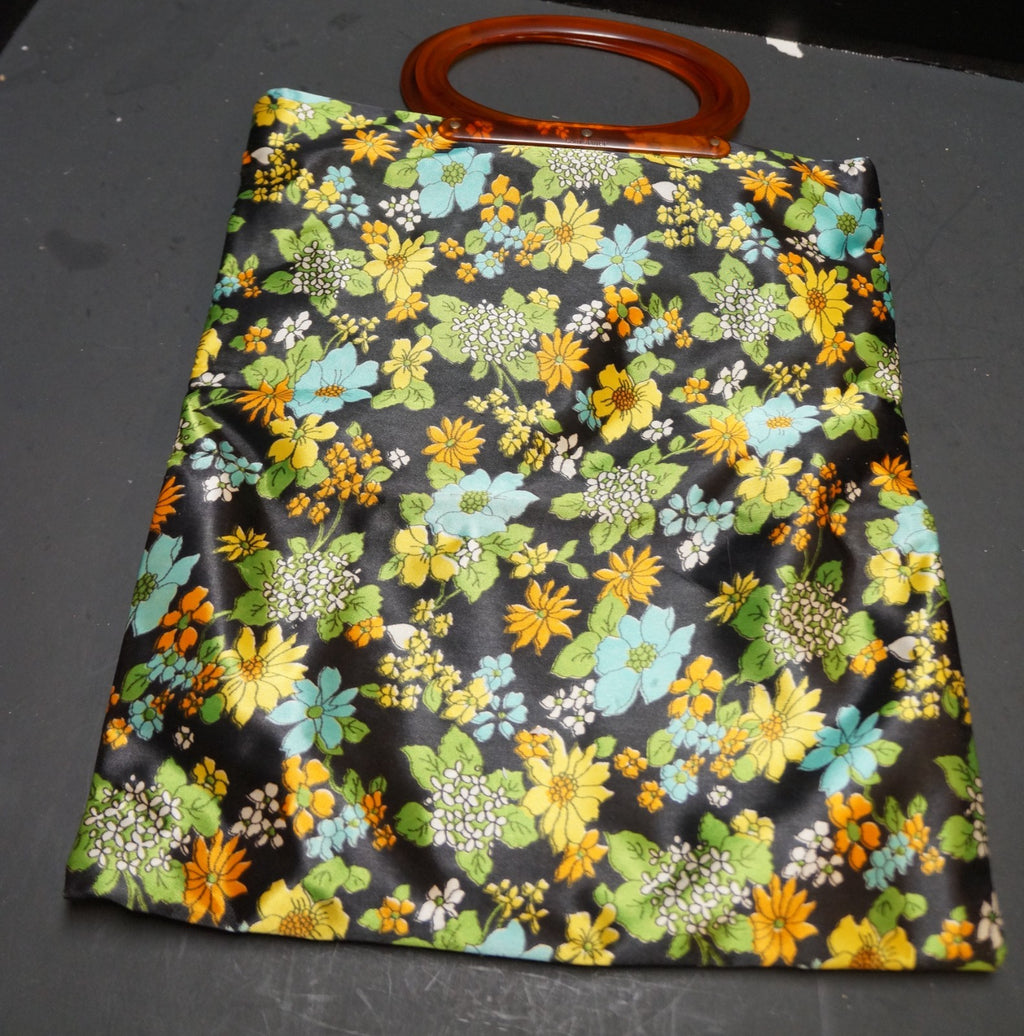 Lady's Pride Satin Floral Folding Tote Bag Clutch 1960s Flower Power Lucite Hand