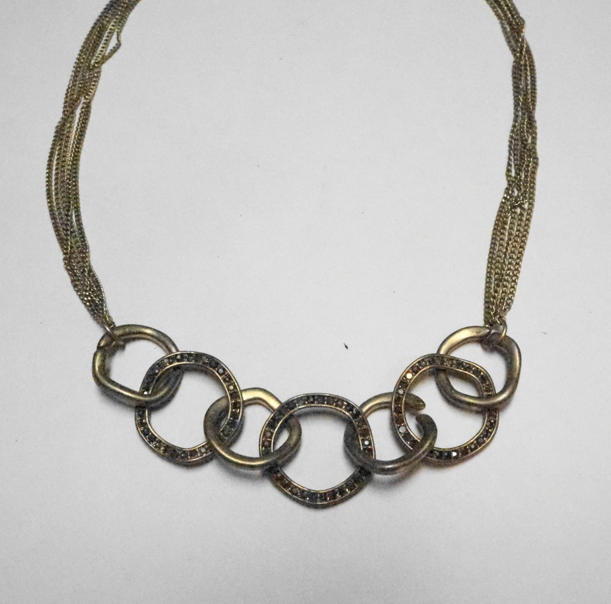 Antiqued Gold Tone Chocolate Brown Rhinestone Link Necklace