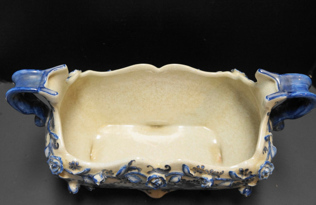 Blue White Rectangle Planter Embossed Flowers Crackle Glaze China