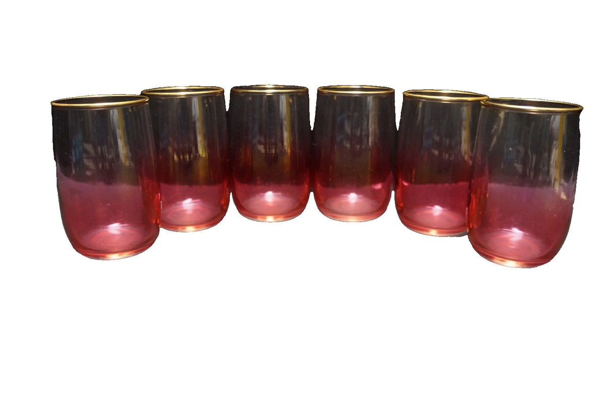 Blendo West Virginia Glass Ruby Red Ombre to Clear Gold Trim Juices Set of 6