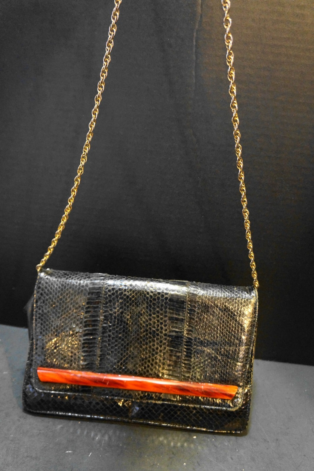 SOLD Palizzio Black Snakeskin Purse Lucite Bar Chain Strap Convertible Clutch Purse