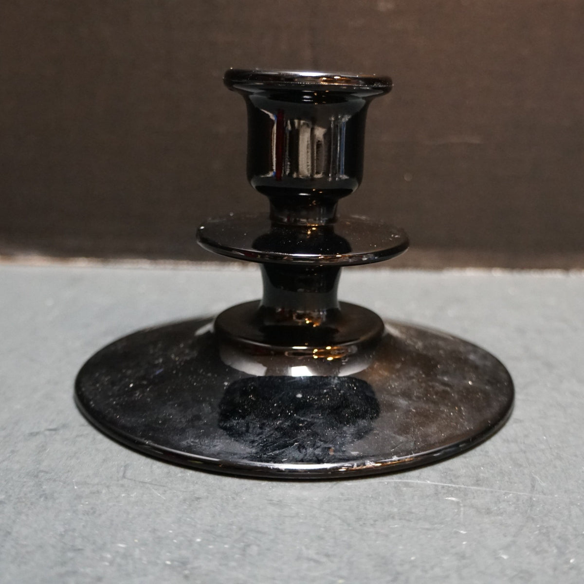 Black Glass Candle Stick Holder Single Light Depression Art Deco Indiana Diamond