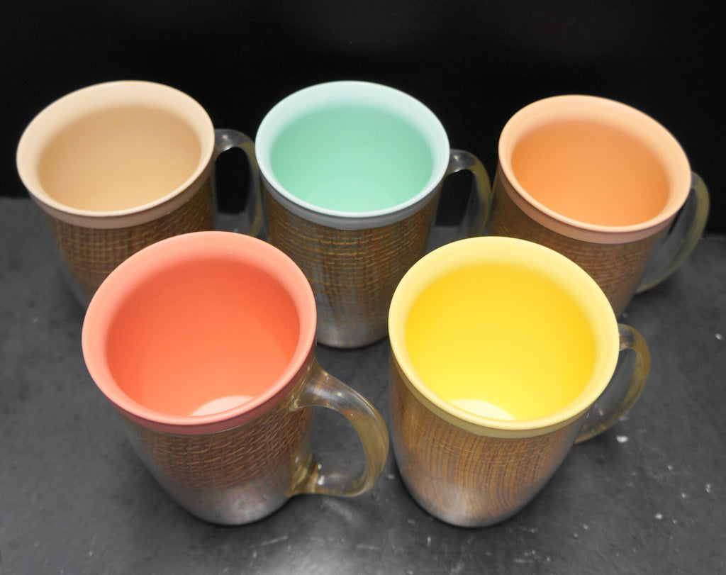 Raffia Ware Burlap Thermo Insulated Mugs Set of 5 Pink Yellow Green Peach Beige