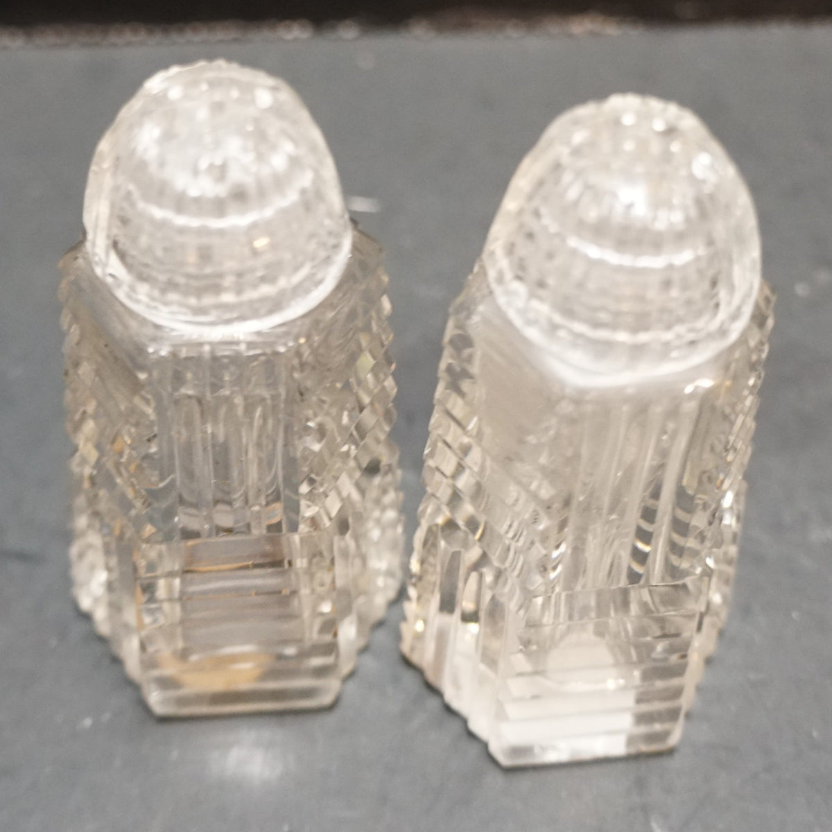Art Deco Ribbed Cut Crystal Tower Shaped Salt And Pepper Shakers