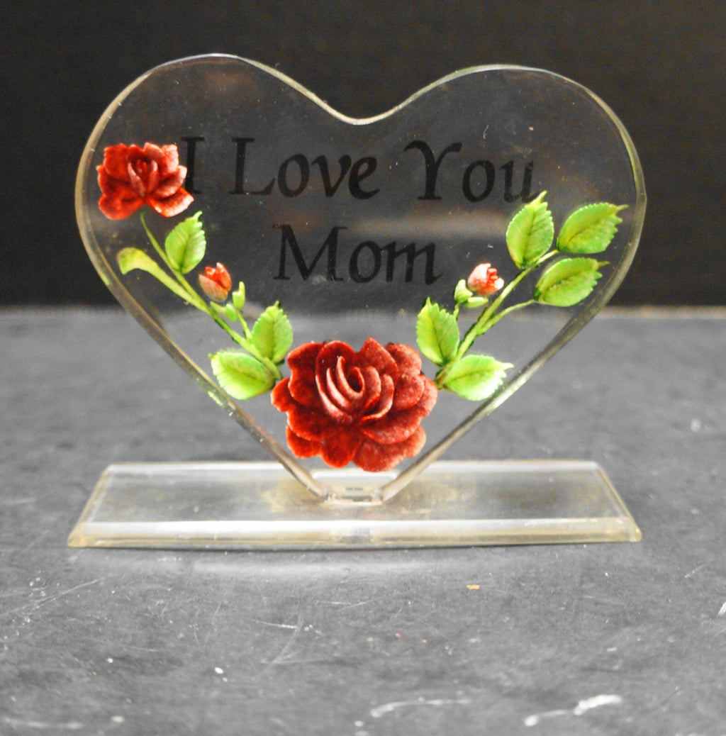 I Love You Mom Standing Heart Paperweight Carved Rose Lucite