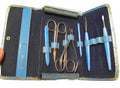 Vintage Art Deco Manicure Set Blue Handles Ground Leather Case Austria