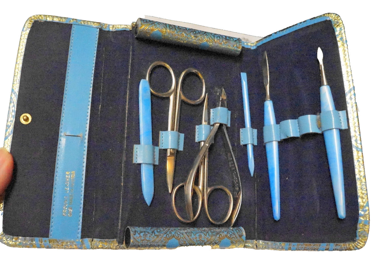 Vintage Art Deco Manicure Set Blue Handles Ground Leather Case Austria