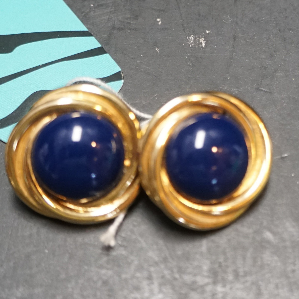 Trifari Navy Blue Lucite Cab Gold Tone Rope Clip Earrings