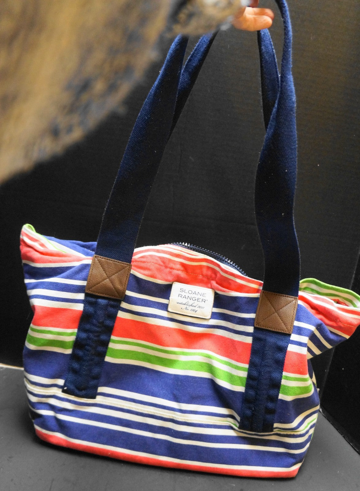 Sloane Ranger Blue Pink Green Striped Canvas Tote Zipper Top Shoulder Bag Duffel