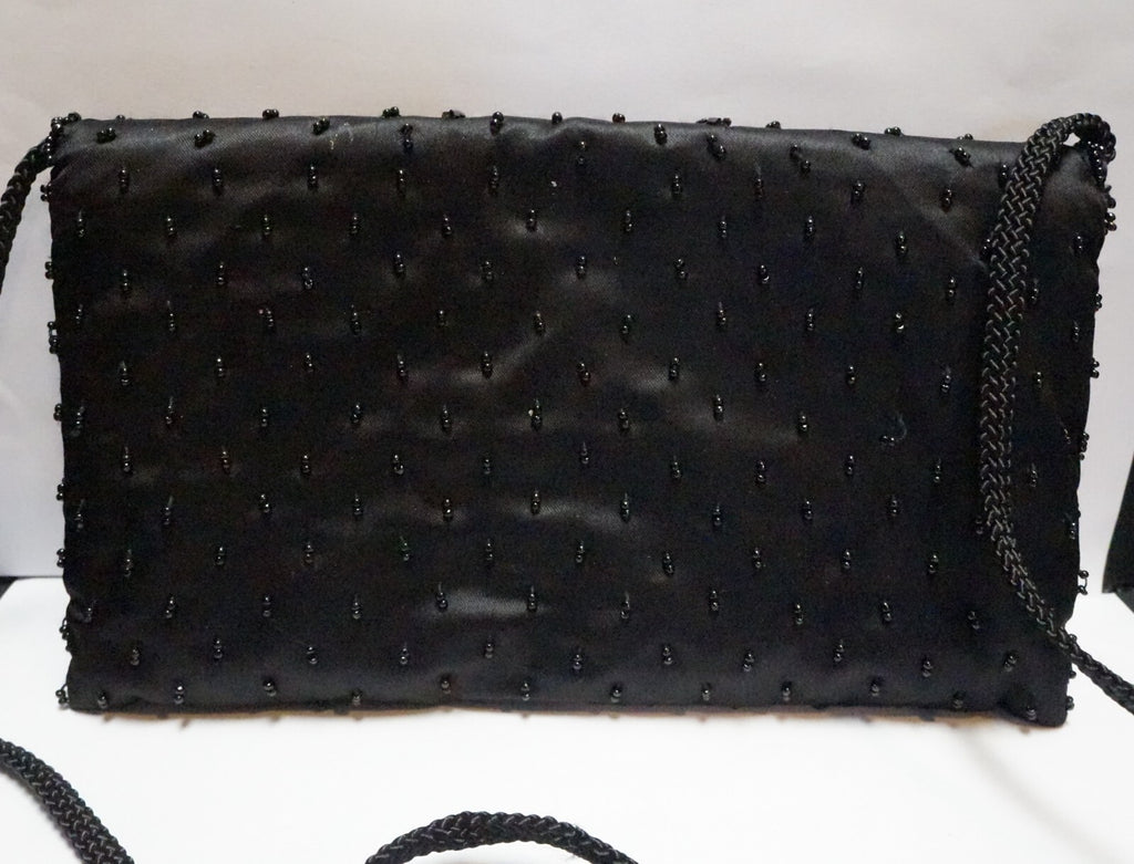 La Regale Black Satin Beaded Flowers Evening Bag Purse