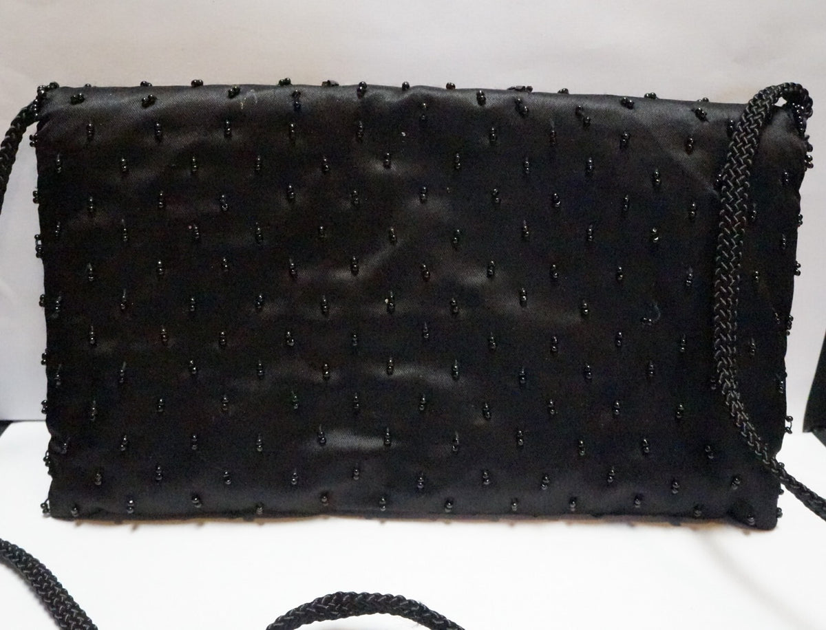 La Regale Black Satin Beaded Flowers Evening Bag Purse