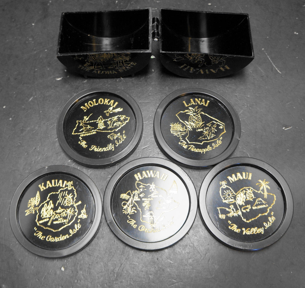 Hawaii Black Plastic Coaster Set Vintage 1960s