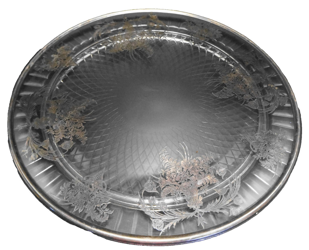 Sterling Floral Overlay Clear Glass Spiral Diamond Cake Plate