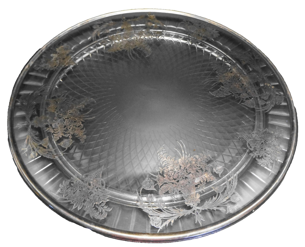 Sterling Floral Overlay Clear Glass Spiral Diamond Cake Plate