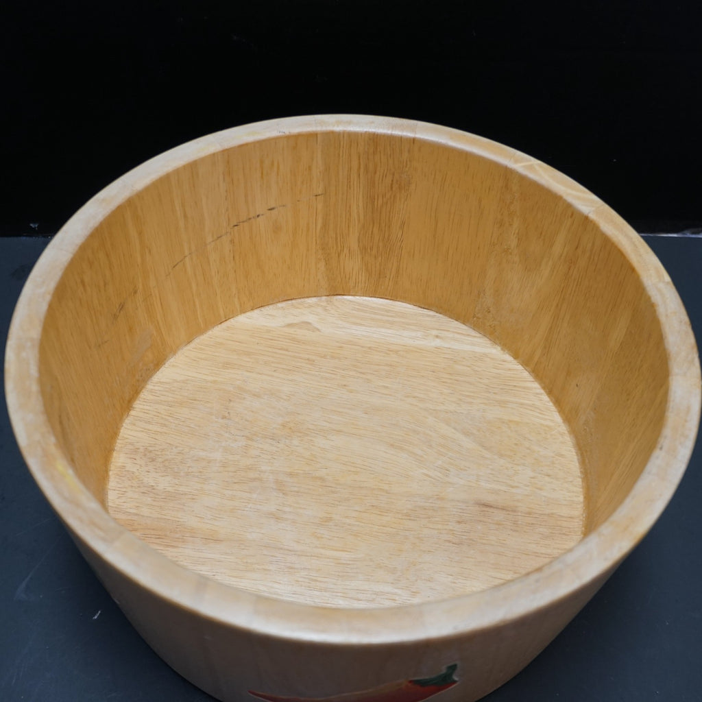 Clay Art Bamboo Salad Serving Bowl Hand Painted Carved Peppers 11 IN 2001