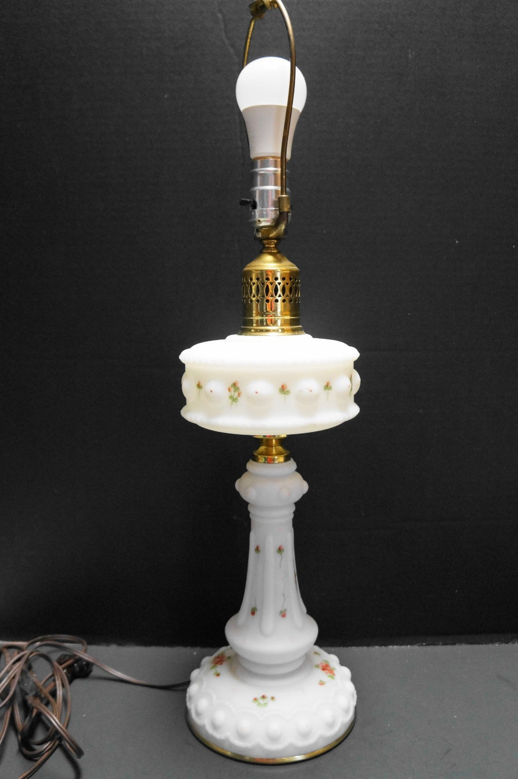 Satin Milk Glass Electric Table Lamp Hand Painted Roses