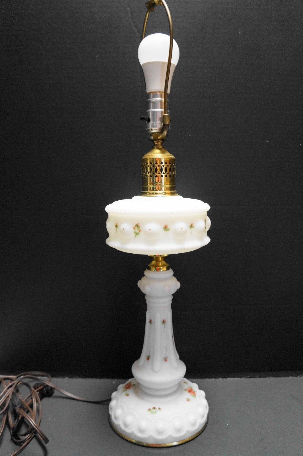 Satin Milk Glass Electric Table Lamp Hand Painted Roses