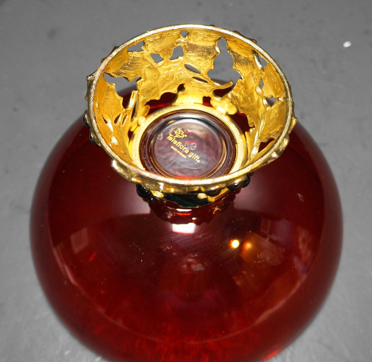 Teleflora Christmas Red Glass Bowl Enamel Holly Pedestal Base