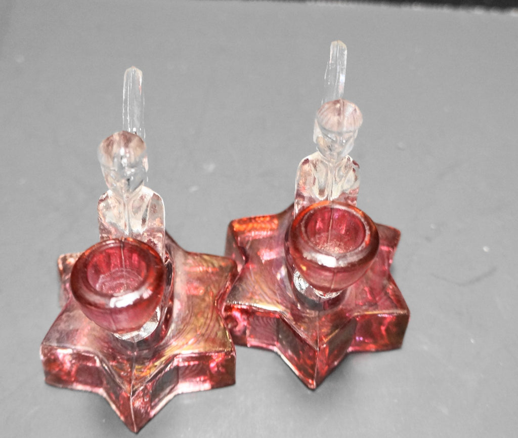 LE Smith Small Angel Candle Holders Star Base Crystal Ruby Flashed Pair