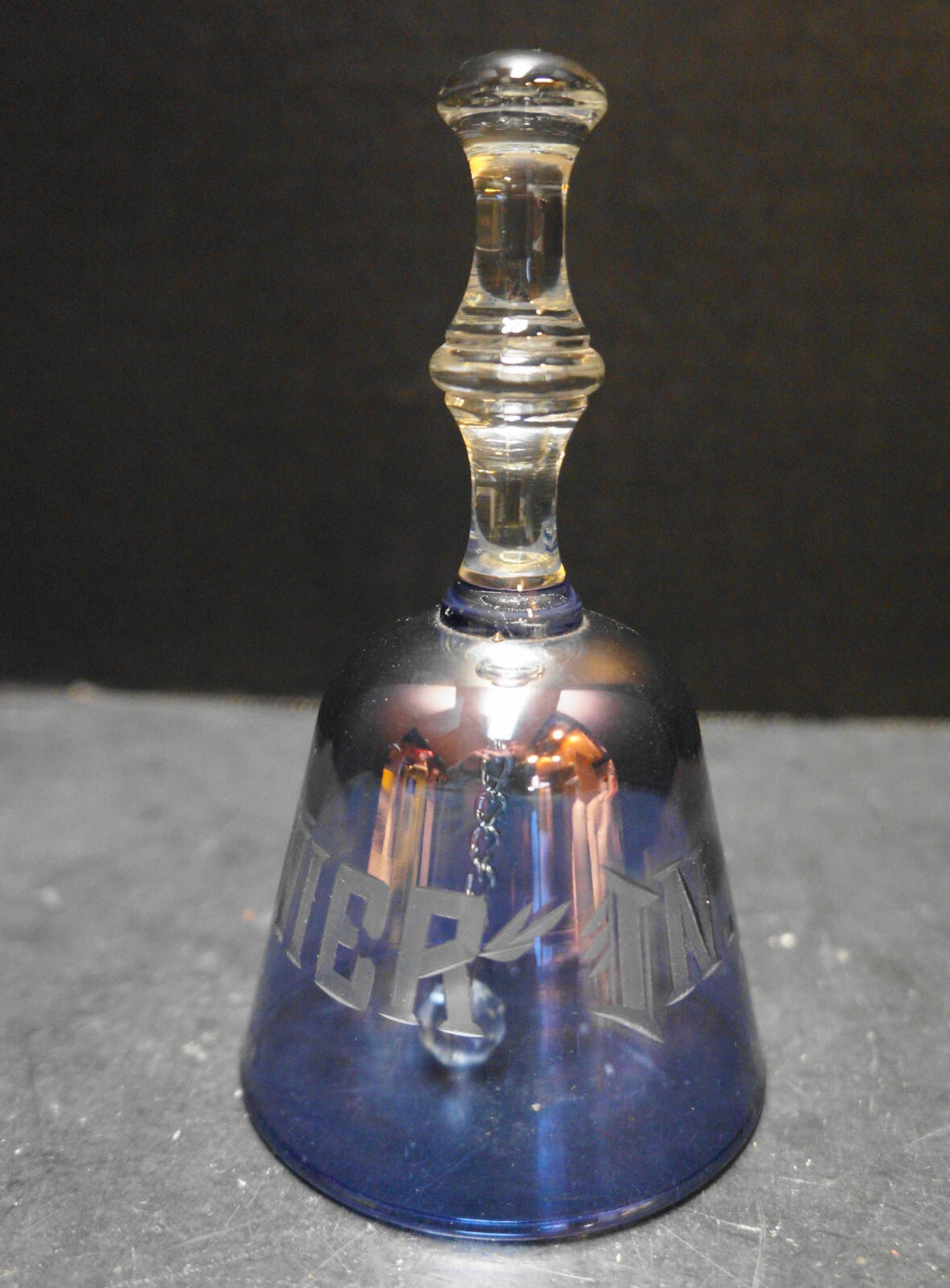 Ligonier, IN Iridescent Blue Purple Cut Glass Souvenir Bell