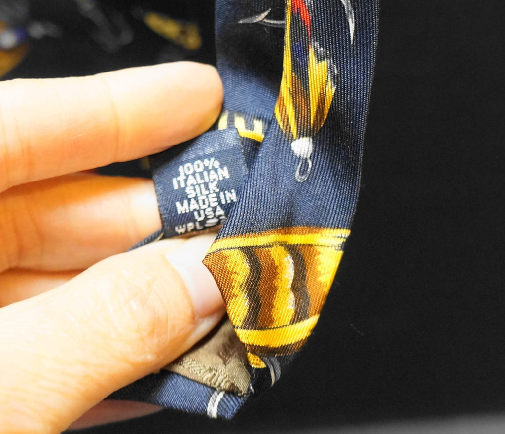 Tommy Hilfiger Fishing Lures Fly Flies Print Navy Blue Italian Silk Tie