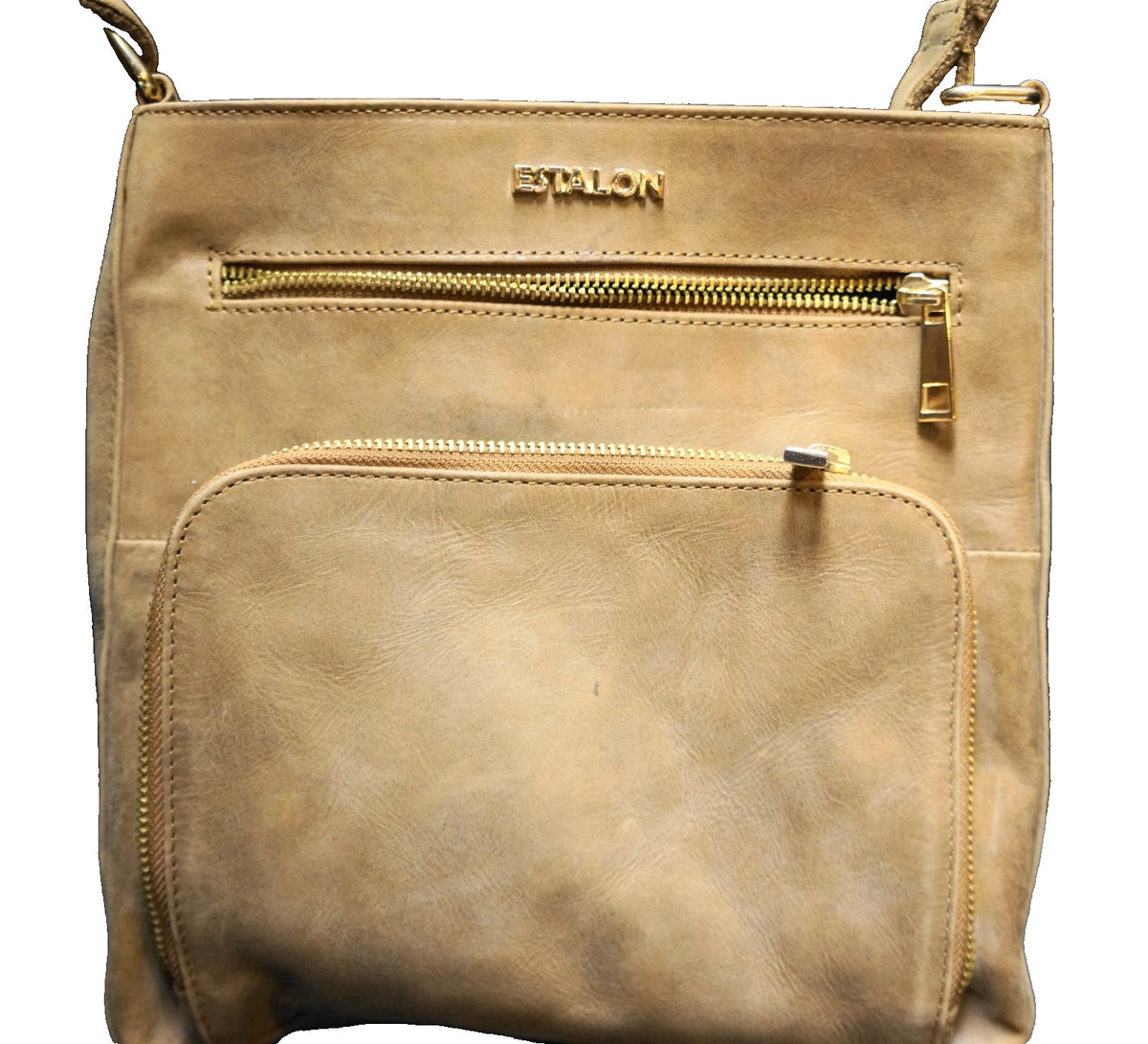 Estalon Cognac Leather Crossbody Purse Bag Medium 3 Zipper