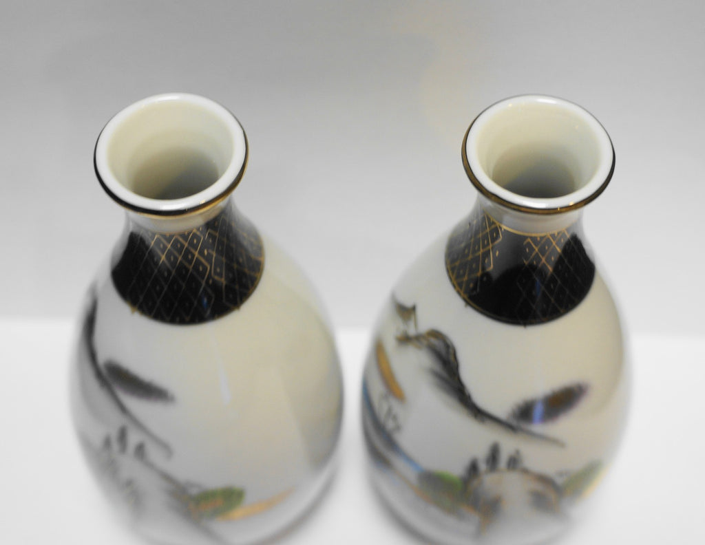 Kutani Japan Sake Bottles Pair Hand Painted Porcelain 1930s