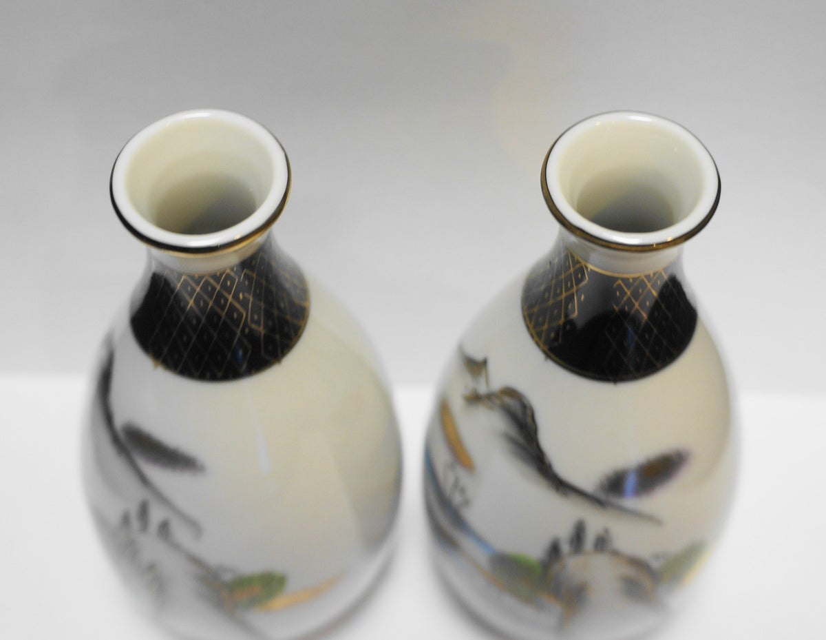 Kutani Japan Sake Bottles Pair Hand Painted Porcelain 1930s