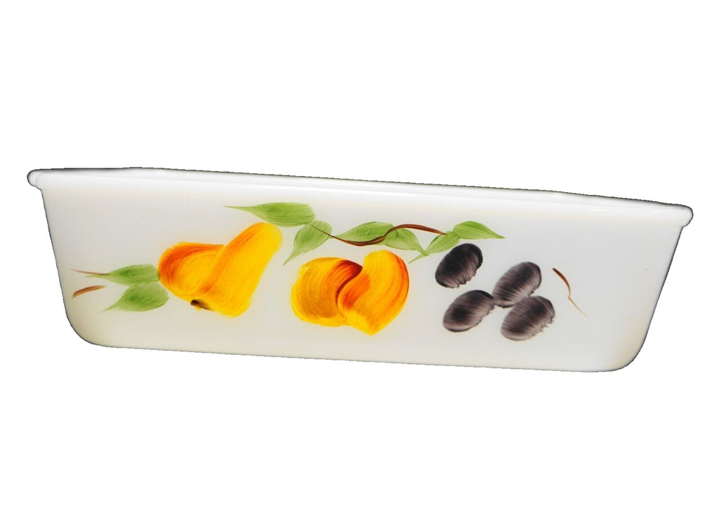 Gay Fad Fruits Fire King Milk Glass Loaf Pan Tab Handles