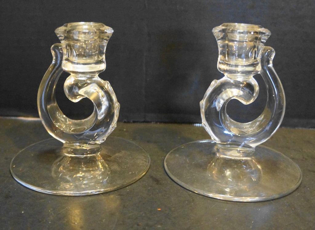 Fostoria Century Candle Holder Pair Single Light Tapers Swirl Clear Glass
