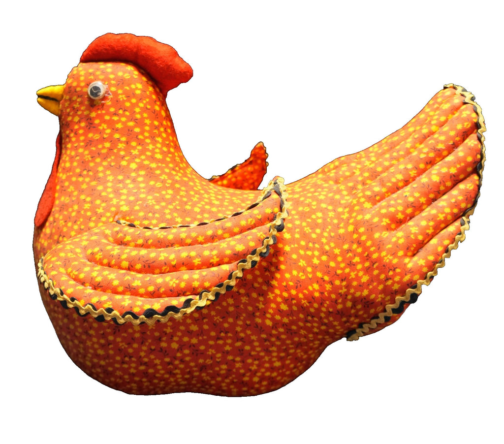 Calico Chicken Folk Art Doorstop Red Yellow Floral Print 1970s