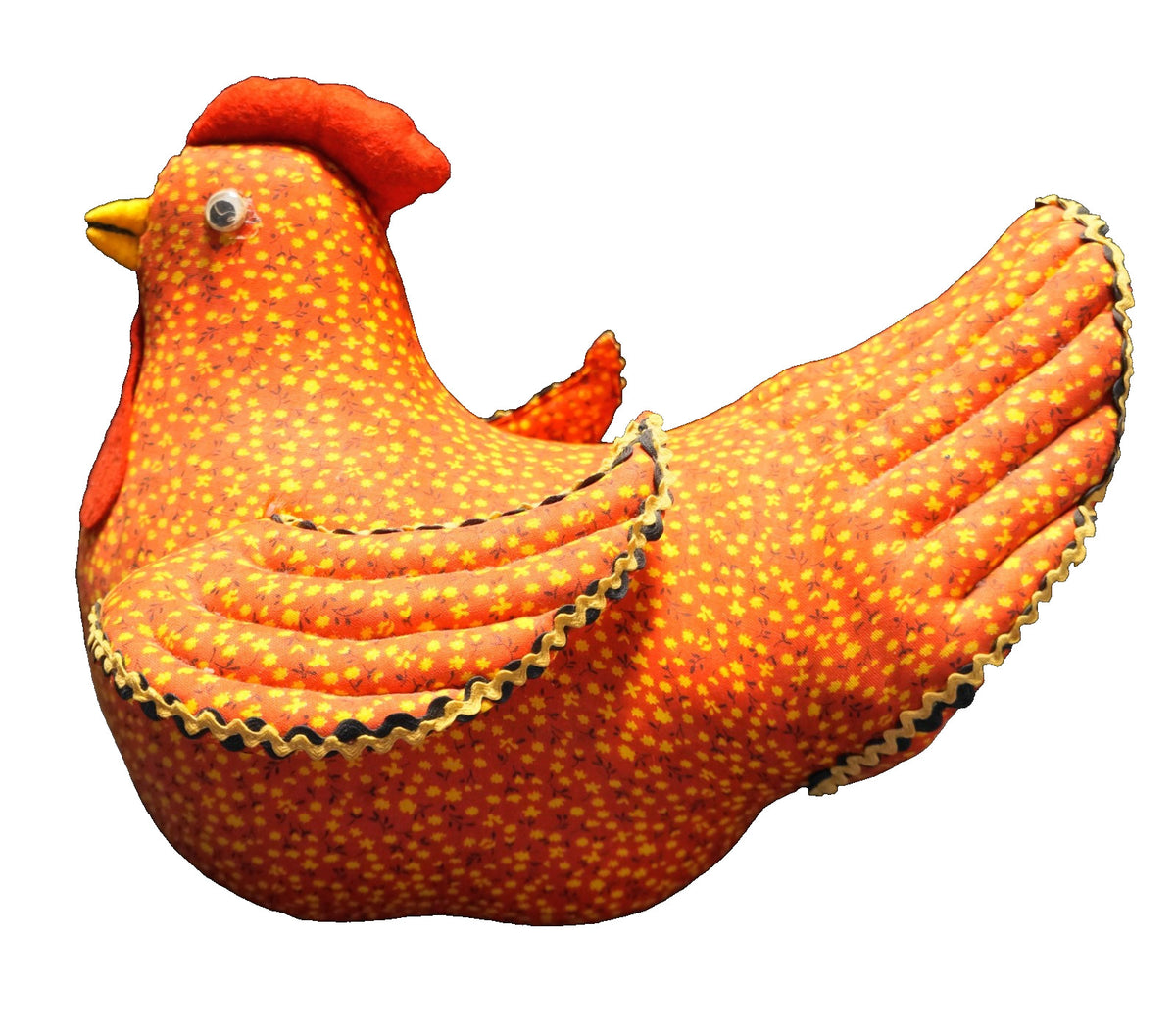 Calico Chicken Folk Art Doorstop Red Yellow Floral Print 1970s