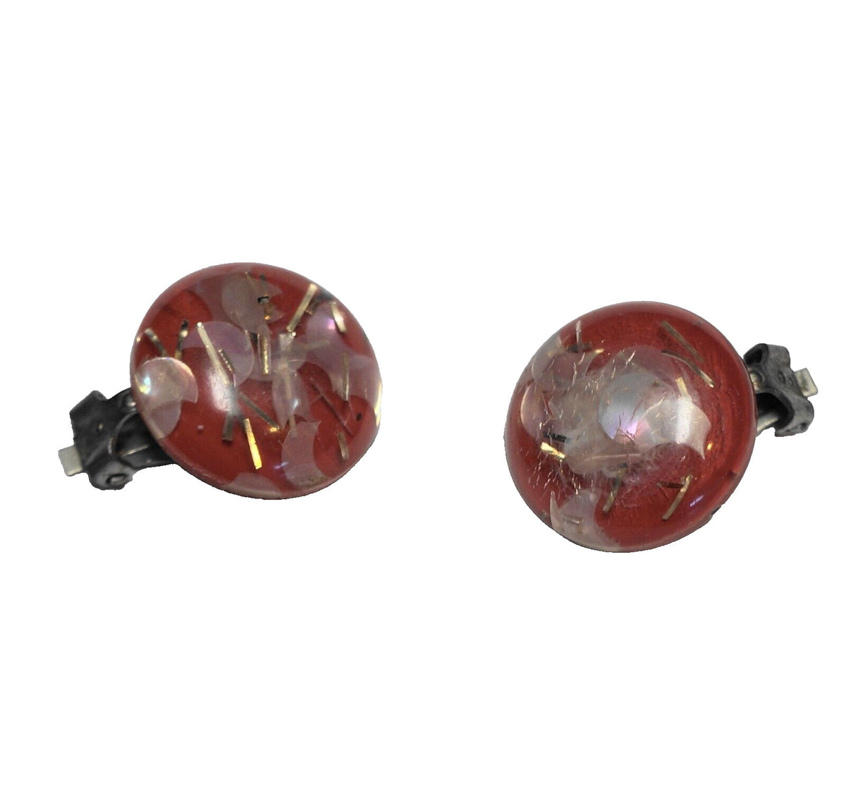 Red Clear Silver Lucite Confetti Earrings Domed Button Clips