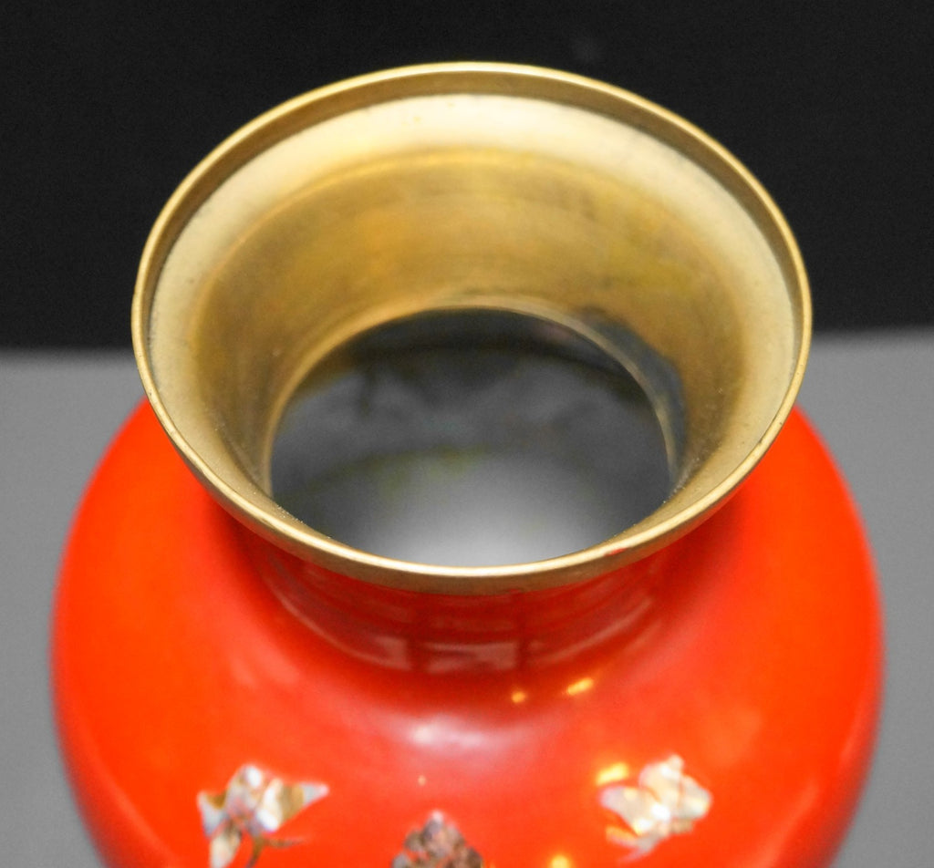 Red Enamel Over Brass Mother of Pearl Abalone Inlay Flower Vase Korea