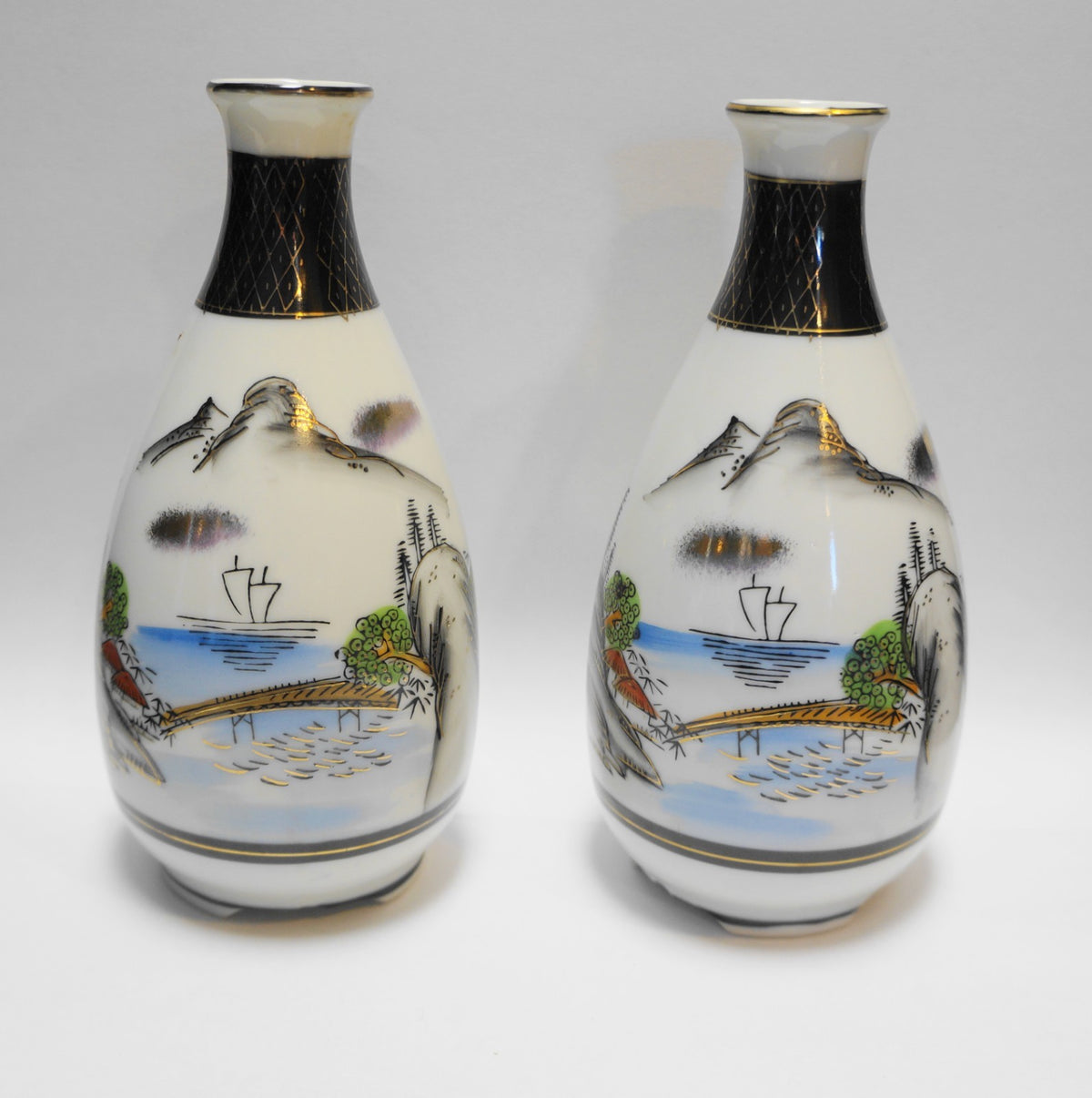 Kutani Japan Sake Bottles Pair Hand Painted Porcelain 1930s