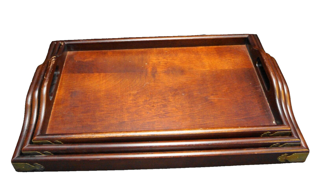 Nesting Wood Trays Dark Cherry Fancy Brass Corners Set of 3