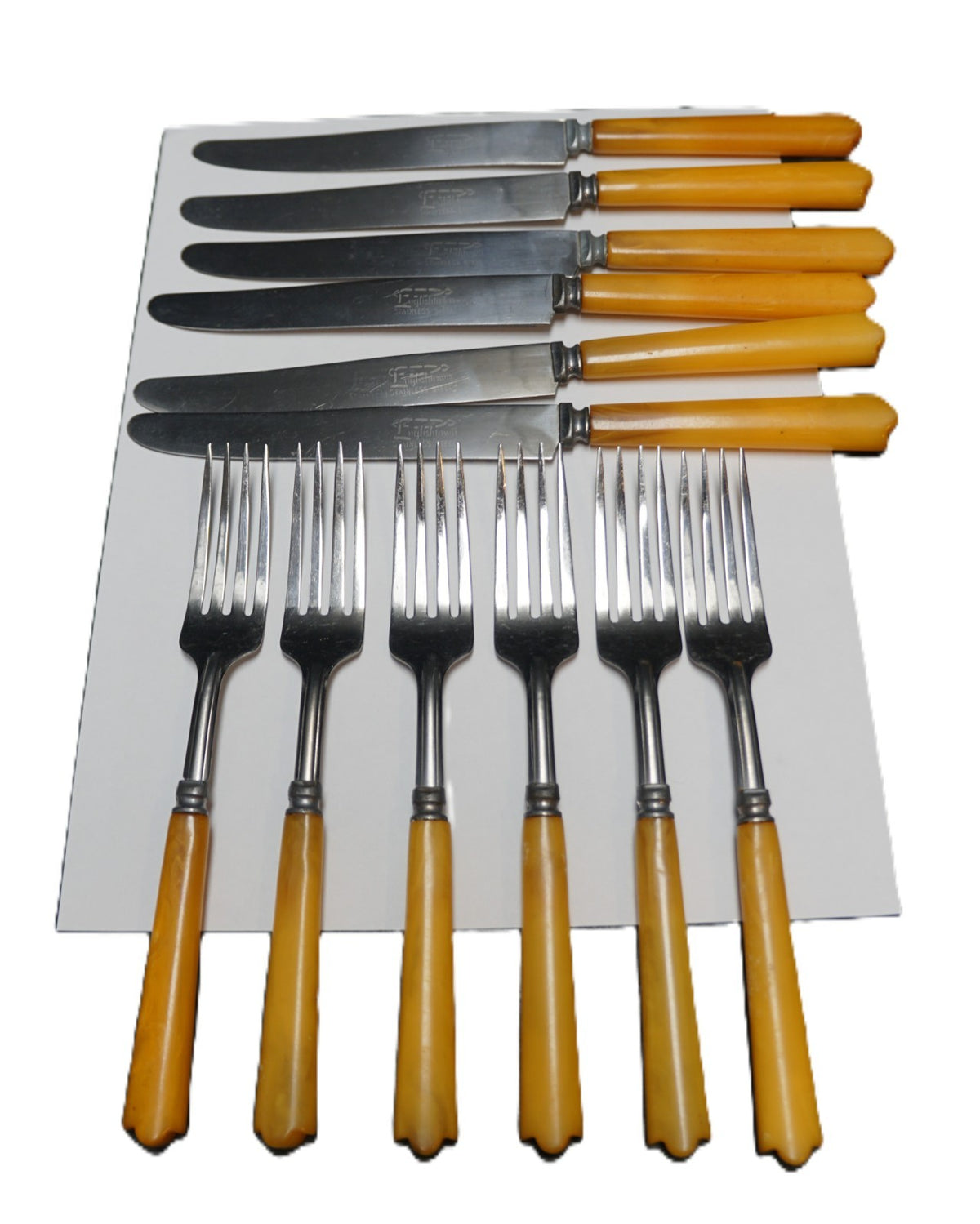 Englishtown Stainless Art Deco Butterscotch Bakelite Handle Flatware 12 Pieces