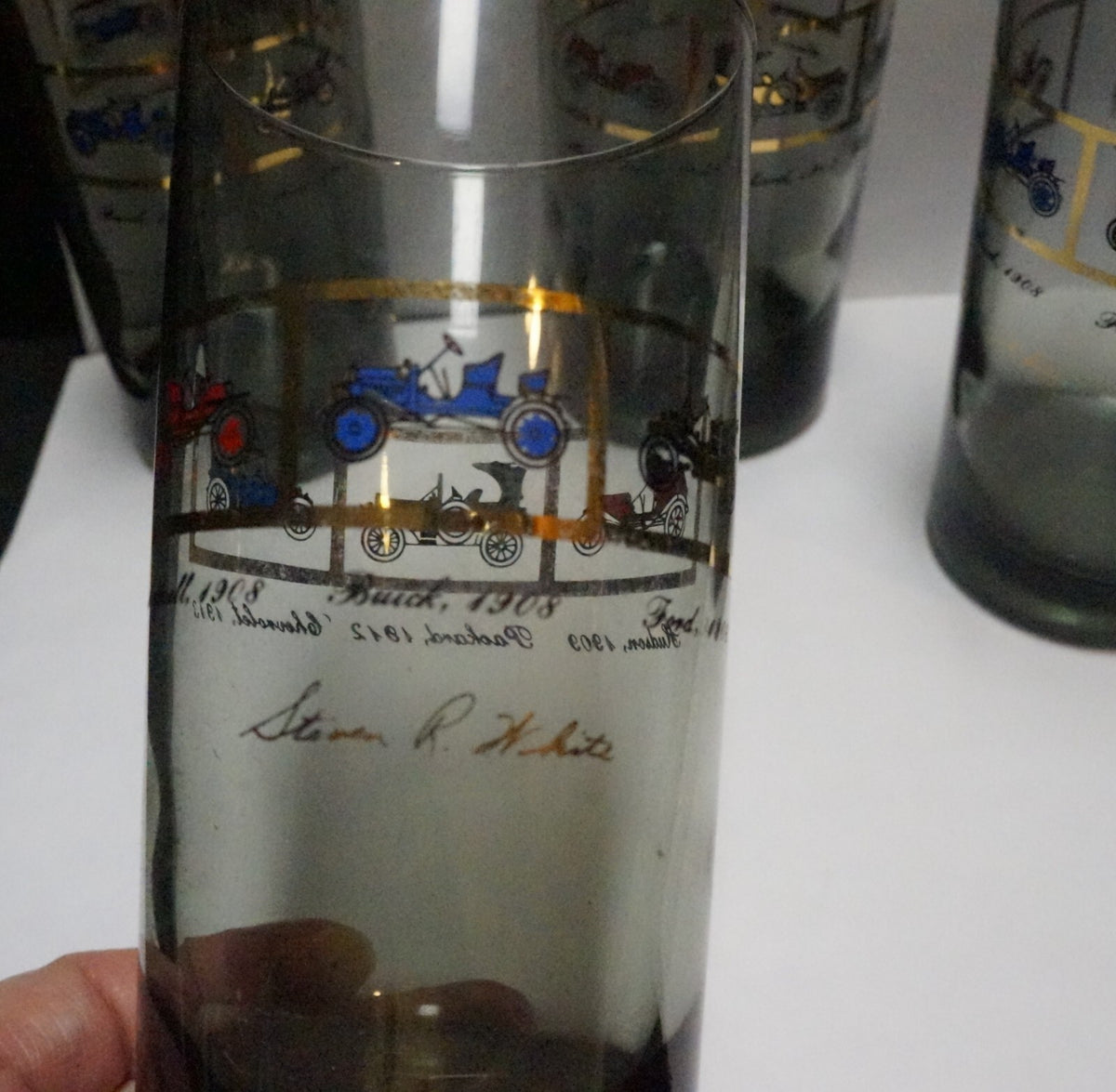 Antique Autos Pattern Smoke Gray Glass Tumblers Set of 4 Ford Hudson Packard