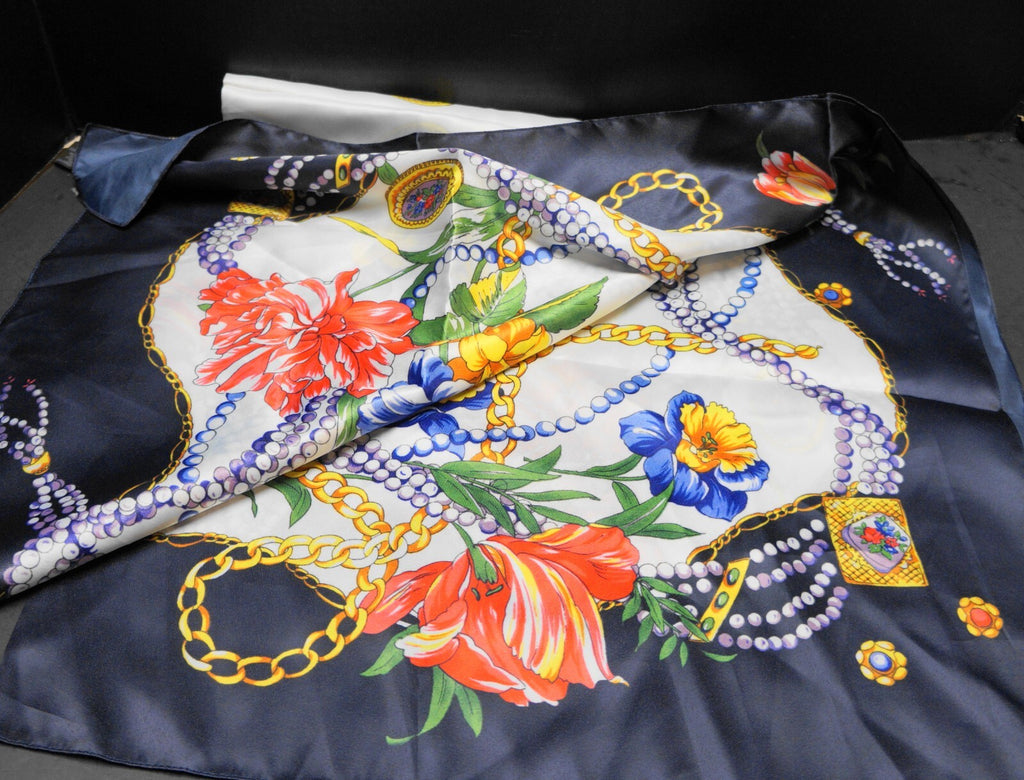 Tessago Italy Satin Polyester Scarf Floral Beads Jewels Print Blue White