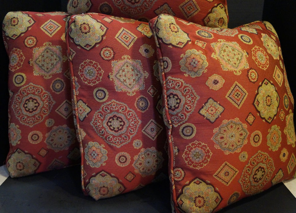 Ethan Allen Red Gold Brocade Jacquard Accent Throw Pillows 16" x 16" Set of 4