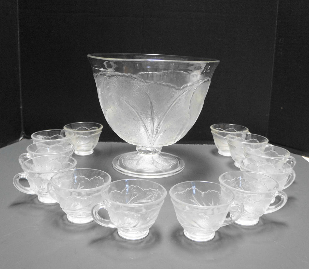 Indiana Glass Pebble Leaf Clear Glass Punch Set Footed Bowl 12 Cups