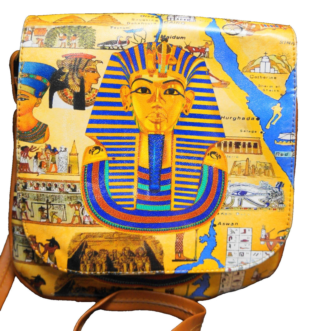 King Tut Pharoah Egypt Printed Purse Blue Gold Brown Vinyl