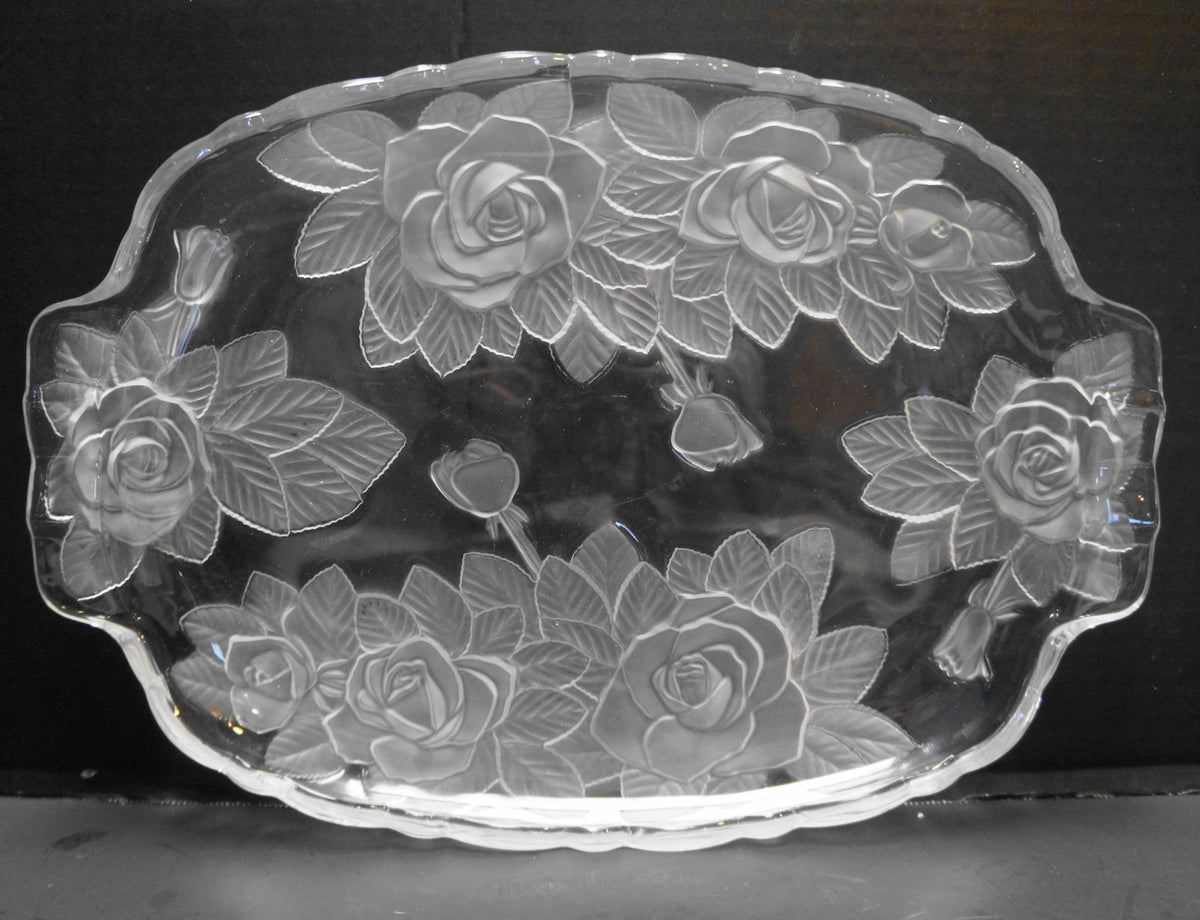 Studio Nova Winter Rose Frosted Roses Crystal Oblong Tray 15 In