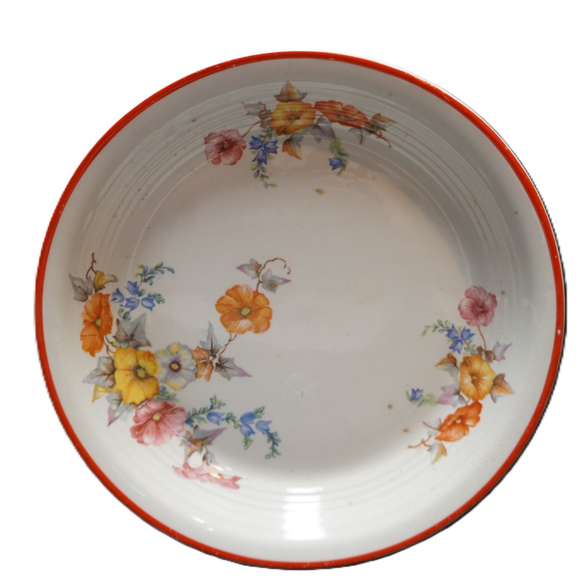 1940s Floral Pie Plate Pan Baker Ribbed Inside Wall Red Trim Unsigned