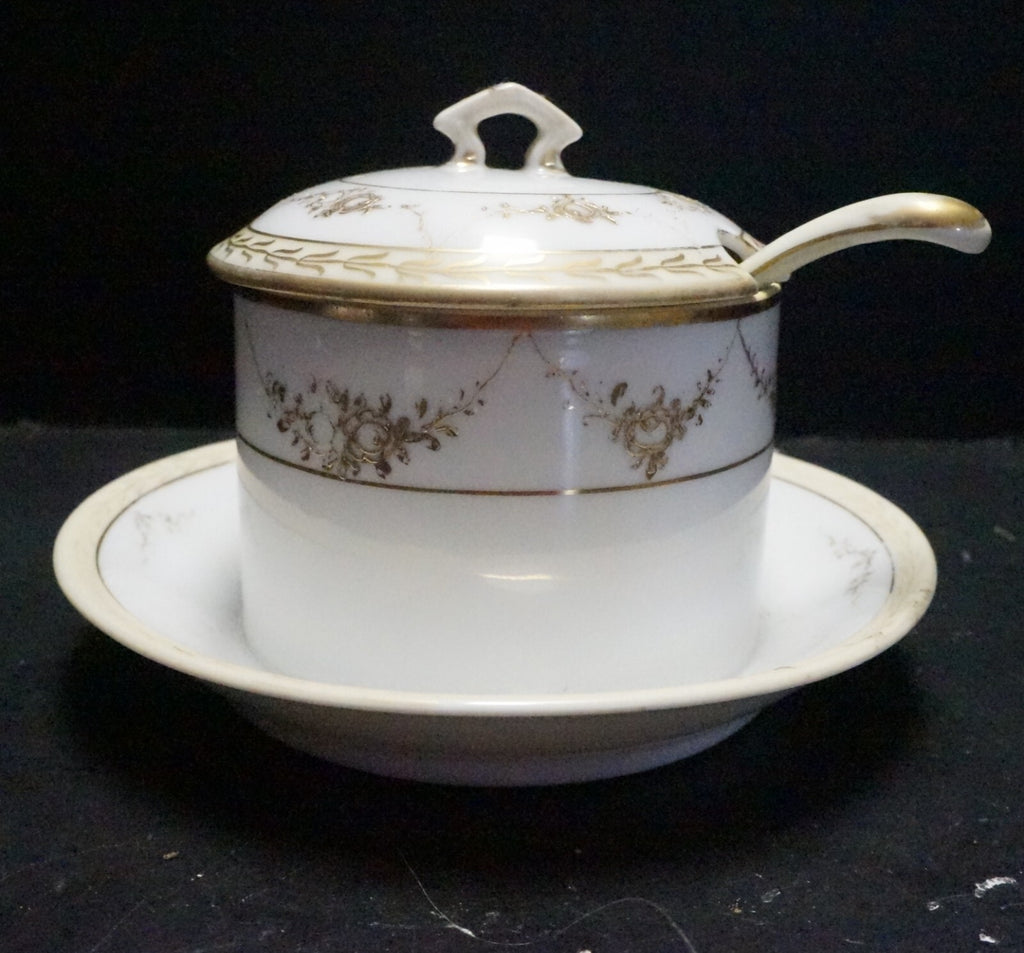 Nippon Japan Gold Roses White Condiment Mustard Jam Jar With Spoon